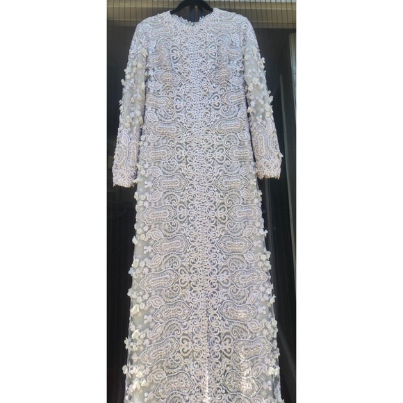 Gemy Maalouf Lace Evening Gown Light Grey Embroidered Long Sleeve Slit Front 12 - Picture 3 of 16